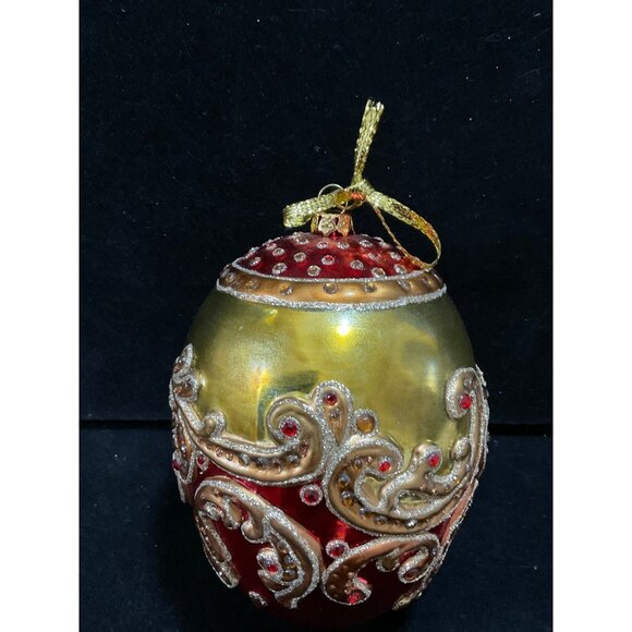 VTG Set of 6 Blown Glass Egg Shaped Red Gold Embossed Christmas Ornaments 5.5” - Picture 8 of 8